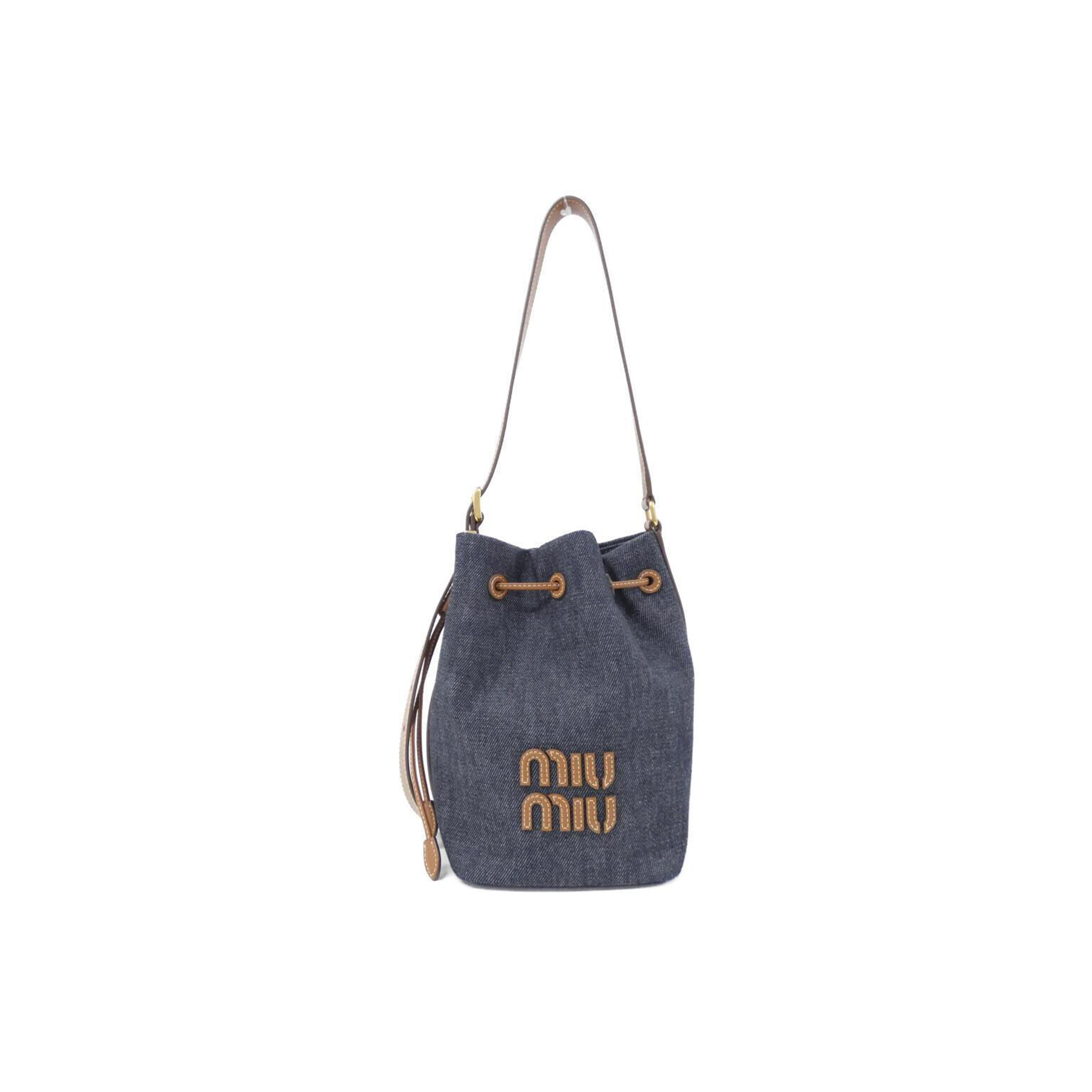 MIU MIU DENIM AND LEATHER LOGO BUCKET BAG 5BE089 (29*23*17cm)